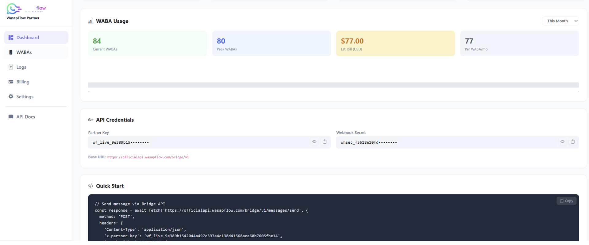 WasapFlow Partner Dashboard — API Credentials