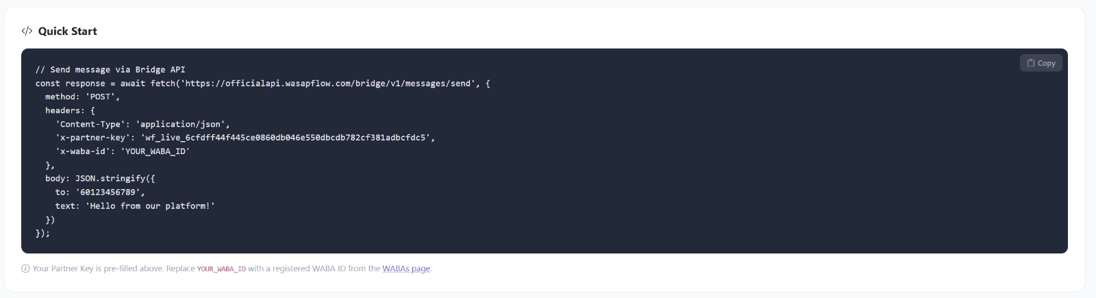 WasapFlow Bridge API — Quick Start Code